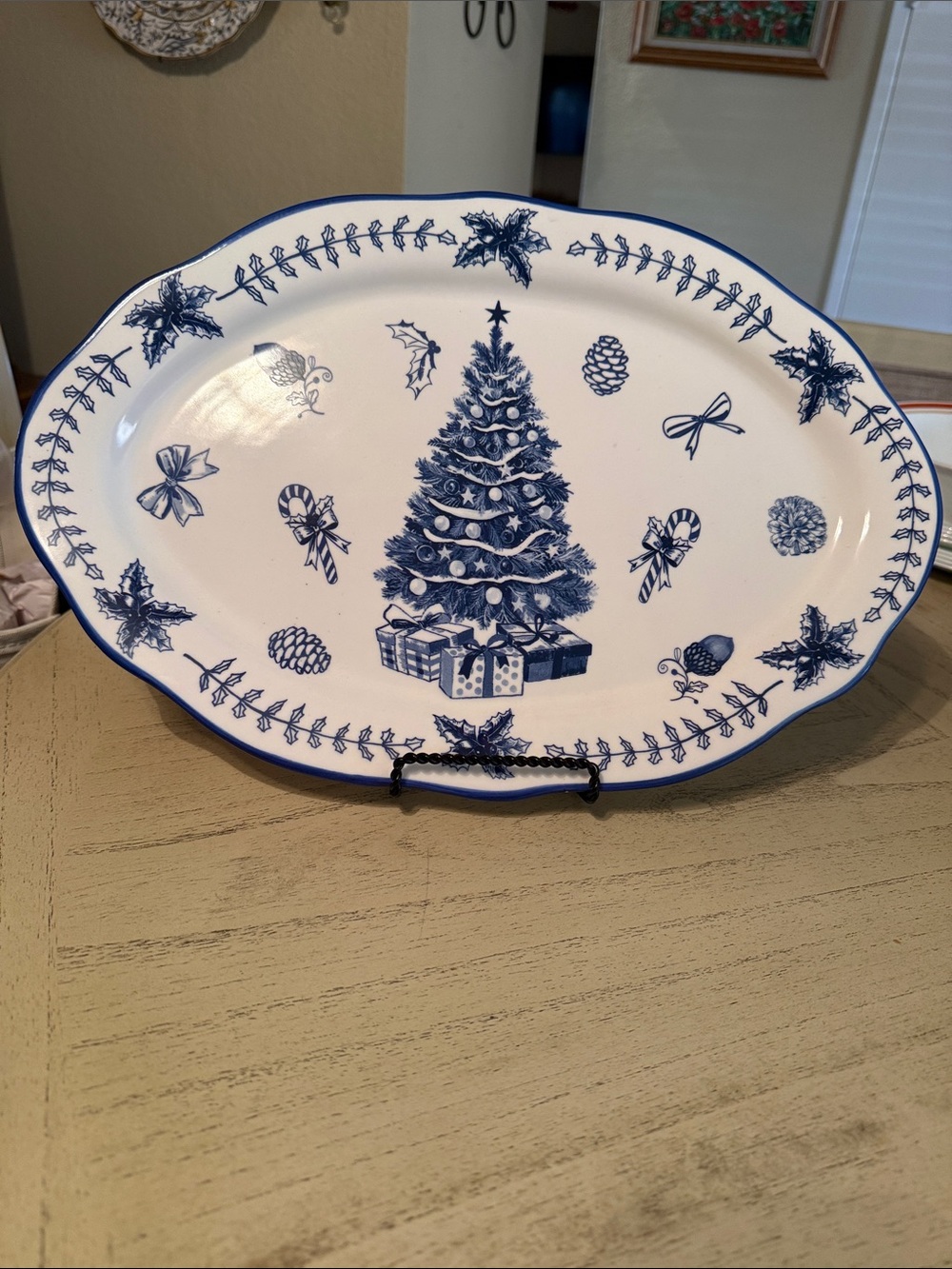 Potters Studio Blue Christmas Tree Toile Large 16” Ceramic Oval Serving Platter